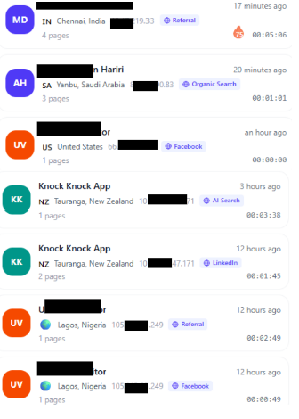 Traffic Source Detection Dashboard showing visitors and their traffic sources