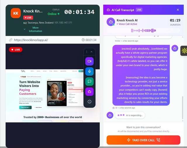 Knock Knock AI having a live voice conversation with a website visitor, with AI transcript panel showing real-time responses