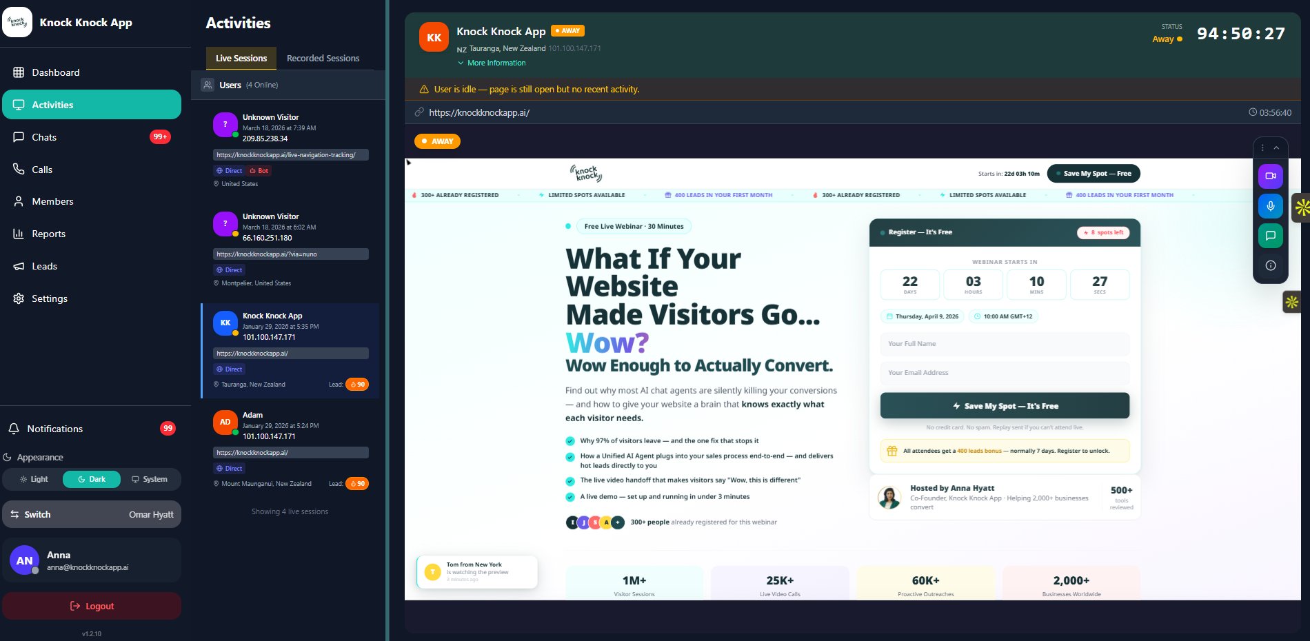 Knock Knock App — full product dashboard showing live visitor sessions, AI engagement and lead scoring